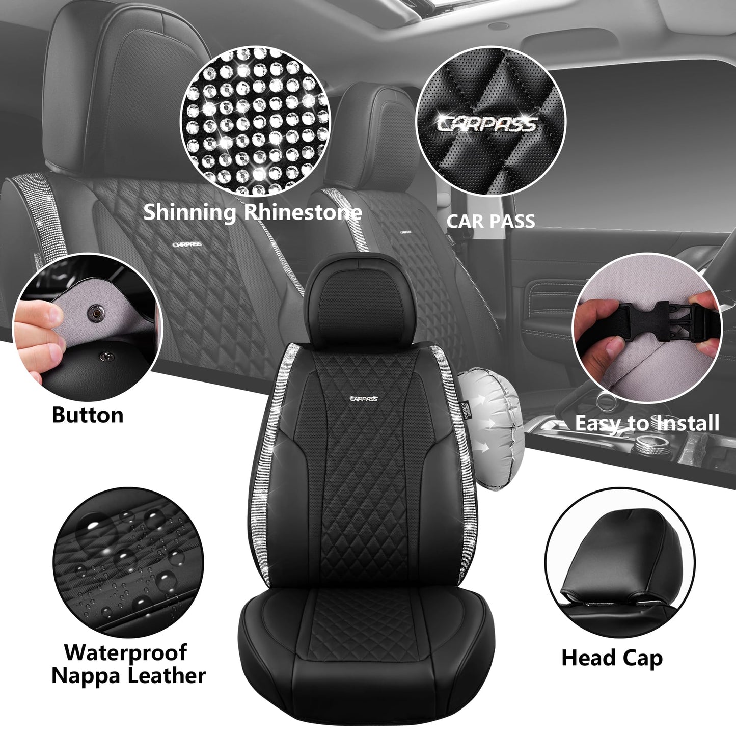 CAR Pass Bling Car Seat Covers, Microfiber Nappa Leather Luxury Cushioned, Waterproof Heavy-Duty Anti-Slip Universal Fit for Auto SUV Sedan,Sparkly Glitter Shining Rhinestone Full Set, Black Diamond