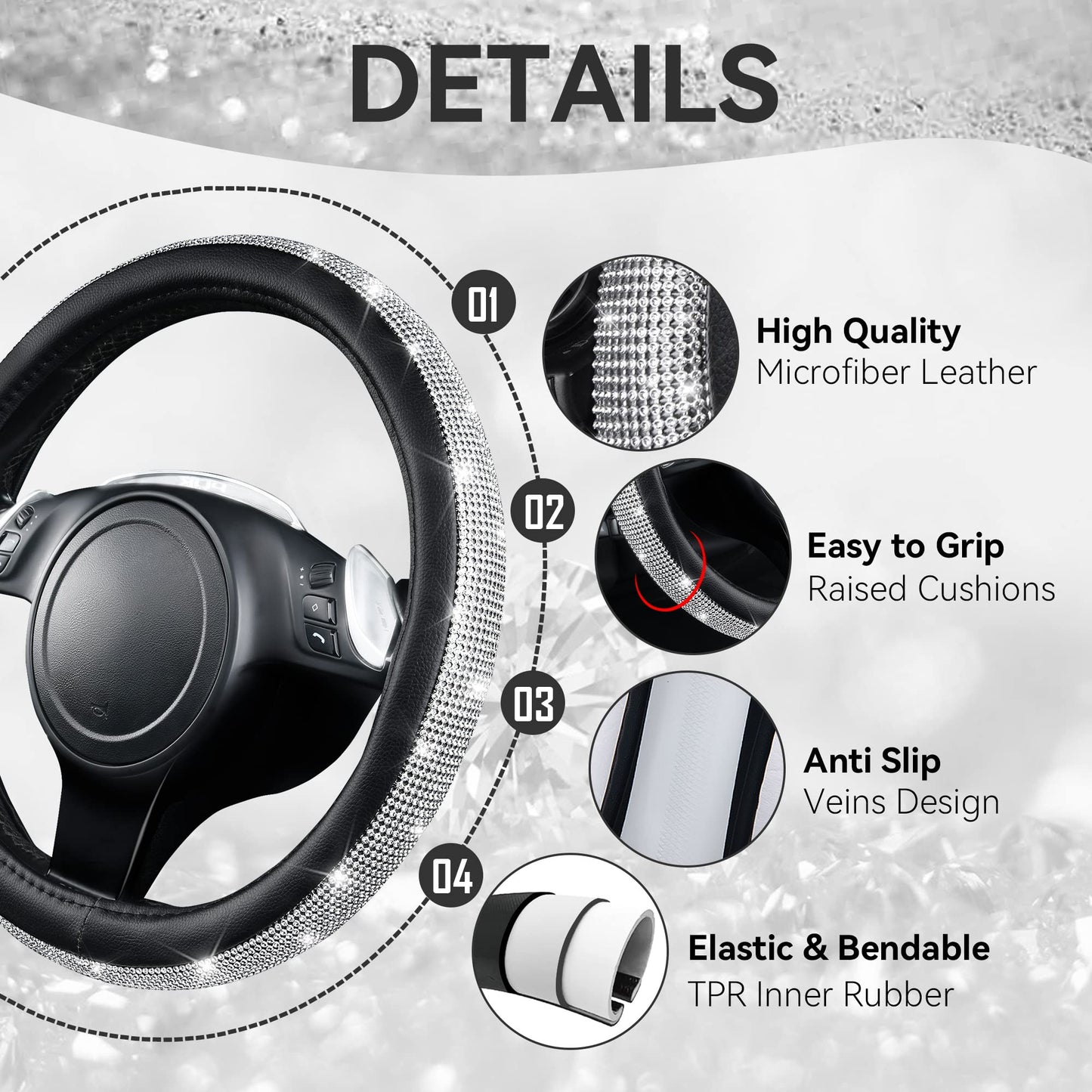 CAR PASS Bling Diamond Leather Steering Wheel Cover, With Sparkly Crystal Glitter Rhinestones Universal Fit 14"1/2-15" Car Wheel Protector for Women Girl Fit Suvs,Vans,Sedans,Car,Trucks, Black Diamond