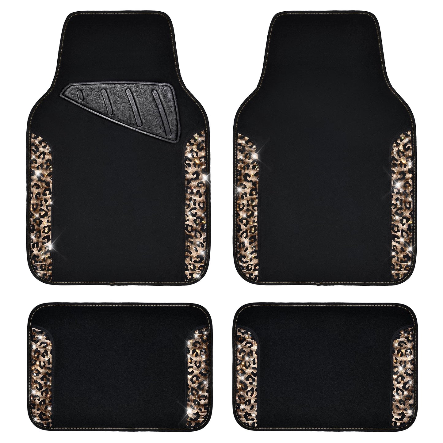 CAR PASS Bling Diamond Car Floor Mats, Shining Rhinestone Carpet Sparkly Glitter Crystal with Anti-Slip PVC Heel Pad Waterproof Universal Fit Automotive SUV,Sedan,Van,Cute Girl Women,4pcs Black Sliver