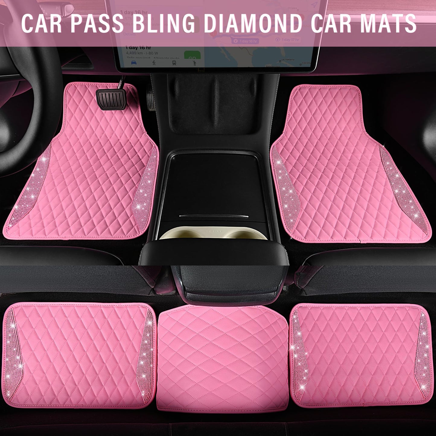 CAR PASS Bling Leather Car Mats Shining Diamond Floor Mats Sparkly Glitter Crystal Rhinestones Carpet Anti-Slip Waterproof Pad Universal Fit for Automotive SUV, Sedan, Van, 5pcs for Girl Women Black