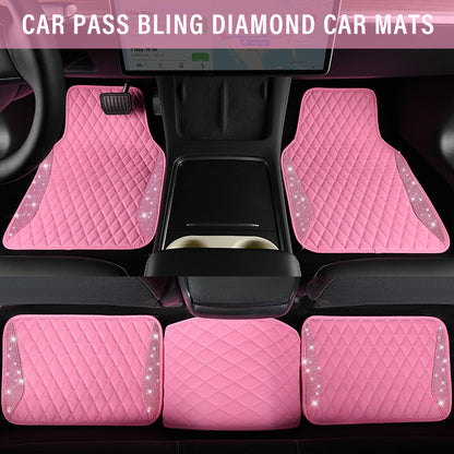 CAR PASS Bling Leather Car Mats Shining Diamond Floor Mats Sparkly Glitter Crystal Rhinestones Carpet Anti-Slip Waterproof Pad Universal Fit for Automotive SUV, Sedan, Van, 5pcs for Girl Women Black