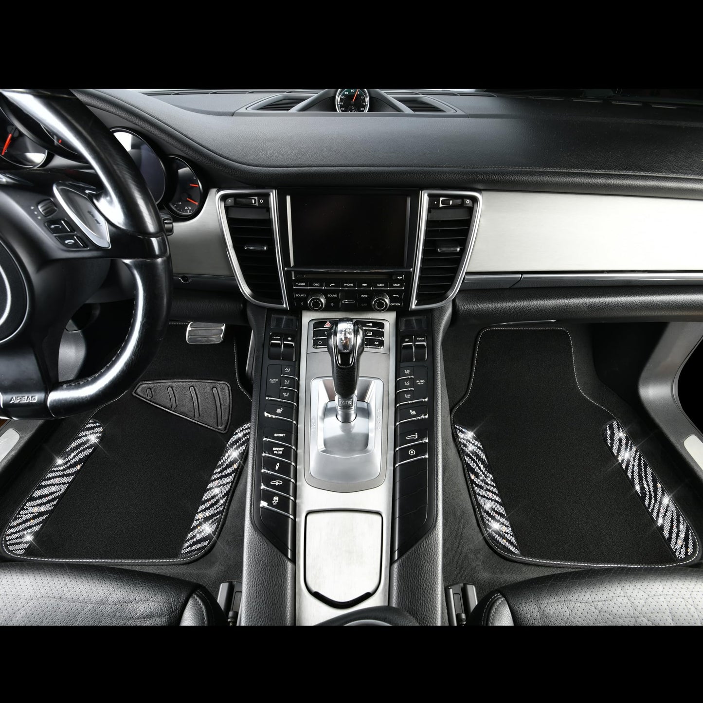 CAR PASS Bling Diamond Car Floor Mats, Shining Rhinestone Carpet Sparkly Glitter Crystal with Anti-Slip PVC Heel Pad Waterproof Universal Fit Automotive SUV,Sedan,Van,Cute Girl Women,4pcs Black Sliver