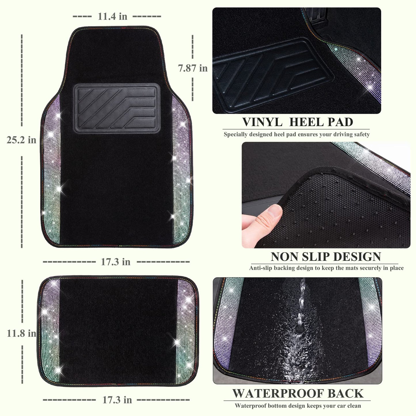 CAR PASS Bling Diamond Car Floor Mats, Shining Rhinestone Carpet Sparkly Glitter Crystal with Anti-Slip PVC Heel Pad Waterproof Universal Fit Automotive SUV,Sedan,Van,Cute Girl Women,4pcs Black Sliver