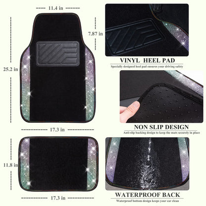 CAR PASS Bling Diamond Car Floor Mats, Shining Rhinestone Carpet Sparkly Glitter Crystal with Anti-Slip PVC Heel Pad Waterproof Universal Fit Automotive SUV,Sedan,Van,Cute Girl Women,4pcs Black Sliver
