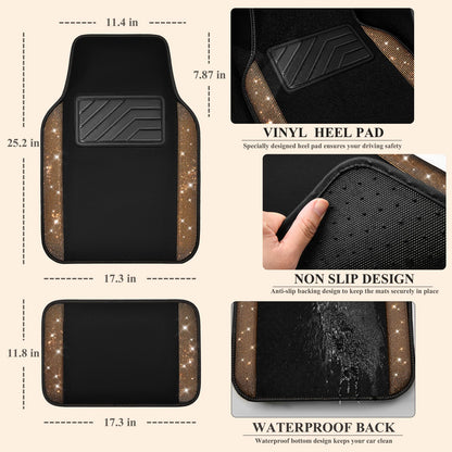 CAR PASS Bling Diamond Car Floor Mats, Shining Rhinestone Carpet Sparkly Glitter Crystal with Anti-Slip PVC Heel Pad Waterproof Universal Fit Automotive SUV,Sedan,Van,Cute Girl Women,4pcs Black Sliver