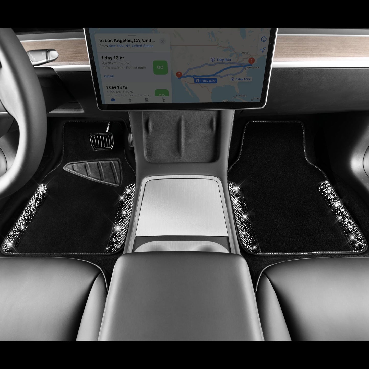 CAR PASS Bling Diamond Car Floor Mats, Shining Rhinestone Carpet Sparkly Glitter Crystal with Anti-Slip PVC Heel Pad Waterproof Universal Fit Automotive SUV,Sedan,Van,Cute Girl Women,4pcs Black Sliver