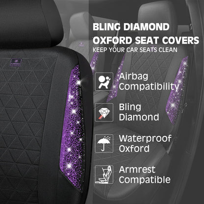 CAR PASS Oxford Bling Diamond Car Seat Covers 2 Front Interior Sets, Waterproof Shining Glitter Sparkly Crystal Universal Armrest Fit 95% Automotive Truck SUV Cute Women Girl, Black Red Rhinestone
