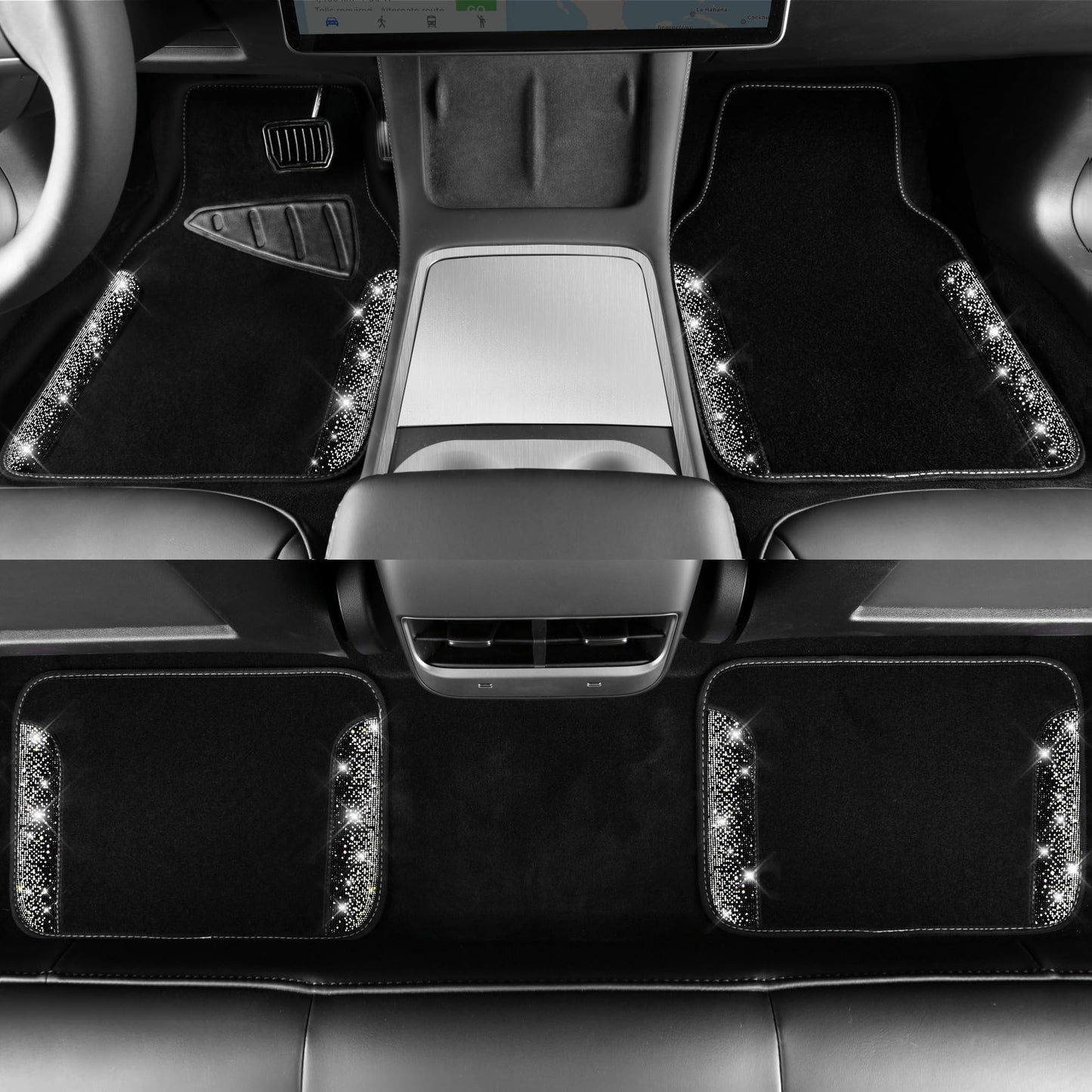 CAR PASS Bling Diamond Car Floor Mats, Shining Rhinestone Carpet Sparkly Glitter Crystal with Anti-Slip PVC Heel Pad Waterproof Universal Fit Automotive SUV,Sedan,Van,Cute Girl Women,4pcs Black Sliver