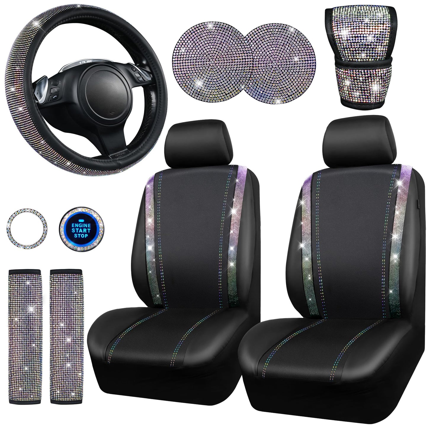 CAR PASS 7 PCS Bling Car Accessories for Women, Sparkly Rhinestone Diamond Steering Wheel Cover, Bling Seat Belt Cushion, Glitter Shift Knob Cover, Car Cup Holder Coaster, Cute Interior Sets Silver