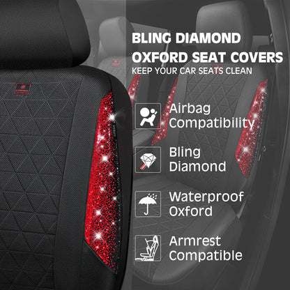 CAR PASS Oxford Bling Diamond Car Seat Covers 2 Front Interior Sets, Waterproof Shining Glitter Sparkly Crystal Universal Armrest Fit 95% Automotive Truck SUV Cute Women Girl, Black Red Rhinestone