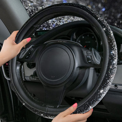CAR PASS Bling Diamond Leather Steering Wheel Cover, With Sparkly Crystal Glitter Rhinestones Universal Fit 14"1/2-15" Car Wheel Protector for Women Girl Fit Suvs,Vans,Sedans,Car,Trucks, Black Diamond