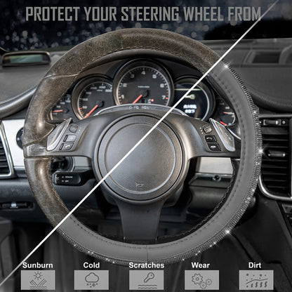 CAR PASS Bling Diamond Leather Steering Wheel Cover, With Sparkly Crystal Glitter Rhinestones Universal Fit 14"1/2-15" Car Wheel Protector for Women Girl Fit Suvs,Vans,Sedans,Car,Trucks, Black Diamond