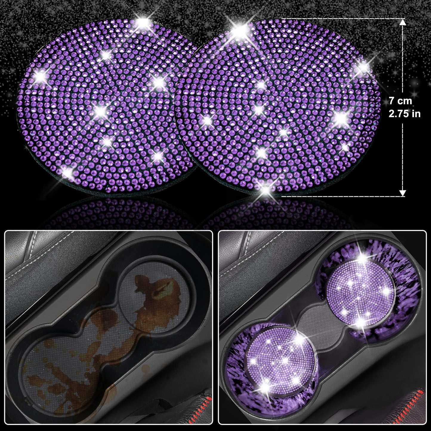 CAR PASS 7 PCS Bling Car Accessories for Women, Sparkly Rhinestone Diamond Steering Wheel Cover, Bling Seat Belt Cushion, Glitter Shift Knob Cover, Car Cup Holder Coaster, Cute Interior Sets Silver