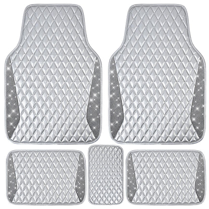 CAR PASS Bling Leather Car Mats Shining Diamond Floor Mats Sparkly Glitter Crystal Rhinestones Carpet Anti-Slip Waterproof Pad Universal Fit for Automotive SUV, Sedan, Van, 5pcs for Girl Women Black