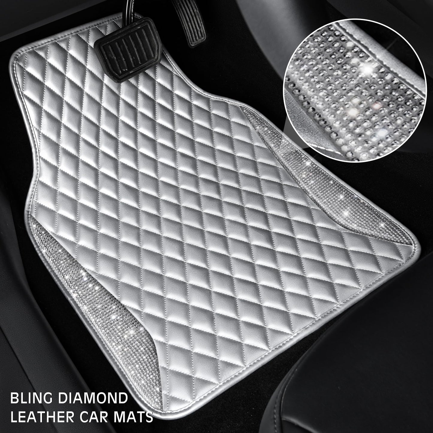 CAR PASS Bling Leather Car Mats Shining Diamond Floor Mats Sparkly Glitter Crystal Rhinestones Carpet Anti-Slip Waterproof Pad Universal Fit for Automotive SUV, Sedan, Van, 5pcs for Girl Women Black