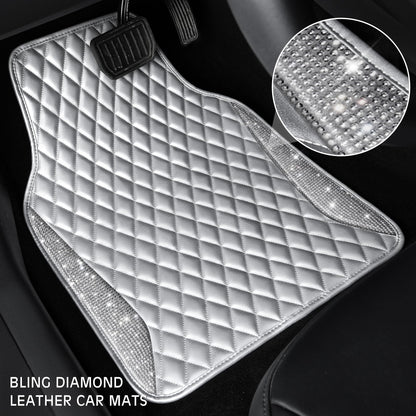 CAR PASS Bling Leather Car Mats Shining Diamond Floor Mats Sparkly Glitter Crystal Rhinestones Carpet Anti-Slip Waterproof Pad Universal Fit for Automotive SUV, Sedan, Van, 5pcs for Girl Women Black