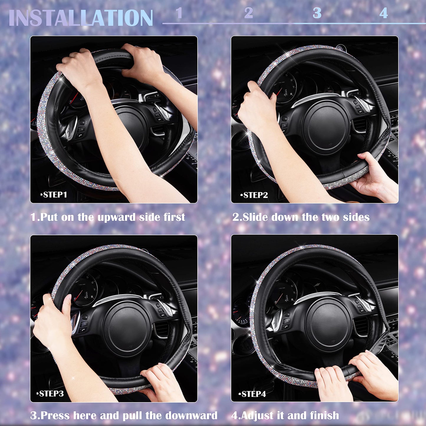 CAR PASS Bling Diamond Leather Steering Wheel Cover, With Sparkly Crystal Glitter Rhinestones Universal Fit 14"1/2-15" Car Wheel Protector for Women Girl Fit Suvs,Vans,Sedans,Car,Trucks, Black Diamond