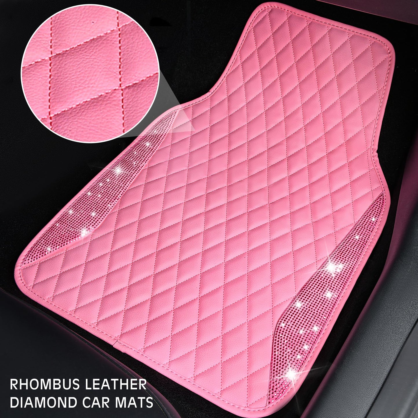 CAR PASS Bling Leather Car Mats Shining Diamond Floor Mats Sparkly Glitter Crystal Rhinestones Carpet Anti-Slip Waterproof Pad Universal Fit for Automotive SUV, Sedan, Van, 5pcs for Girl Women Black