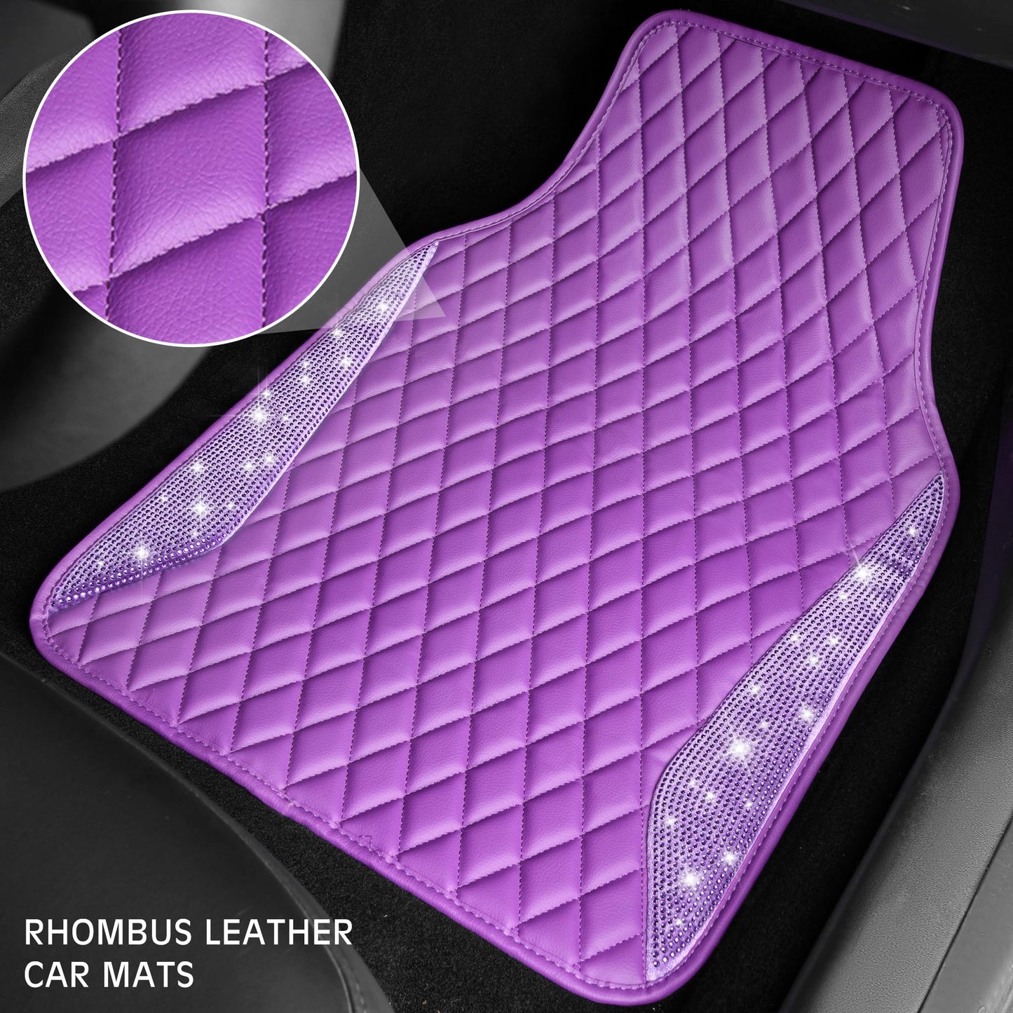 CAR PASS Bling Leather Car Mats Shining Diamond Floor Mats Sparkly Glitter Crystal Rhinestones Carpet Anti-Slip Waterproof Pad Universal Fit for Automotive SUV, Sedan, Van, 5pcs for Girl Women Black