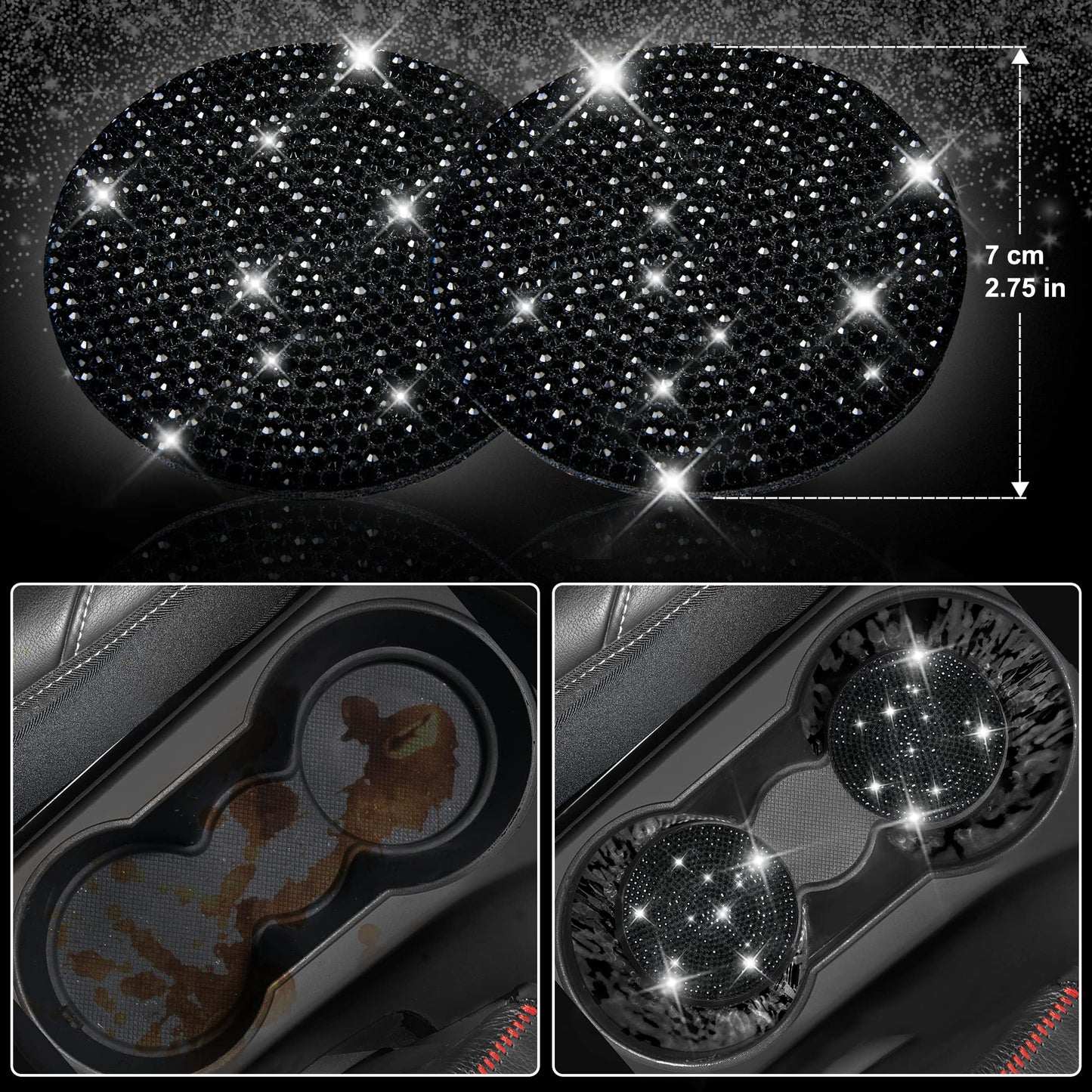 CAR PASS 7 PCS Bling Car Accessories for Women, Sparkly Rhinestone Diamond Steering Wheel Cover, Bling Seat Belt Cushion, Glitter Shift Knob Cover, Car Cup Holder Coaster, Cute Interior Sets Silver