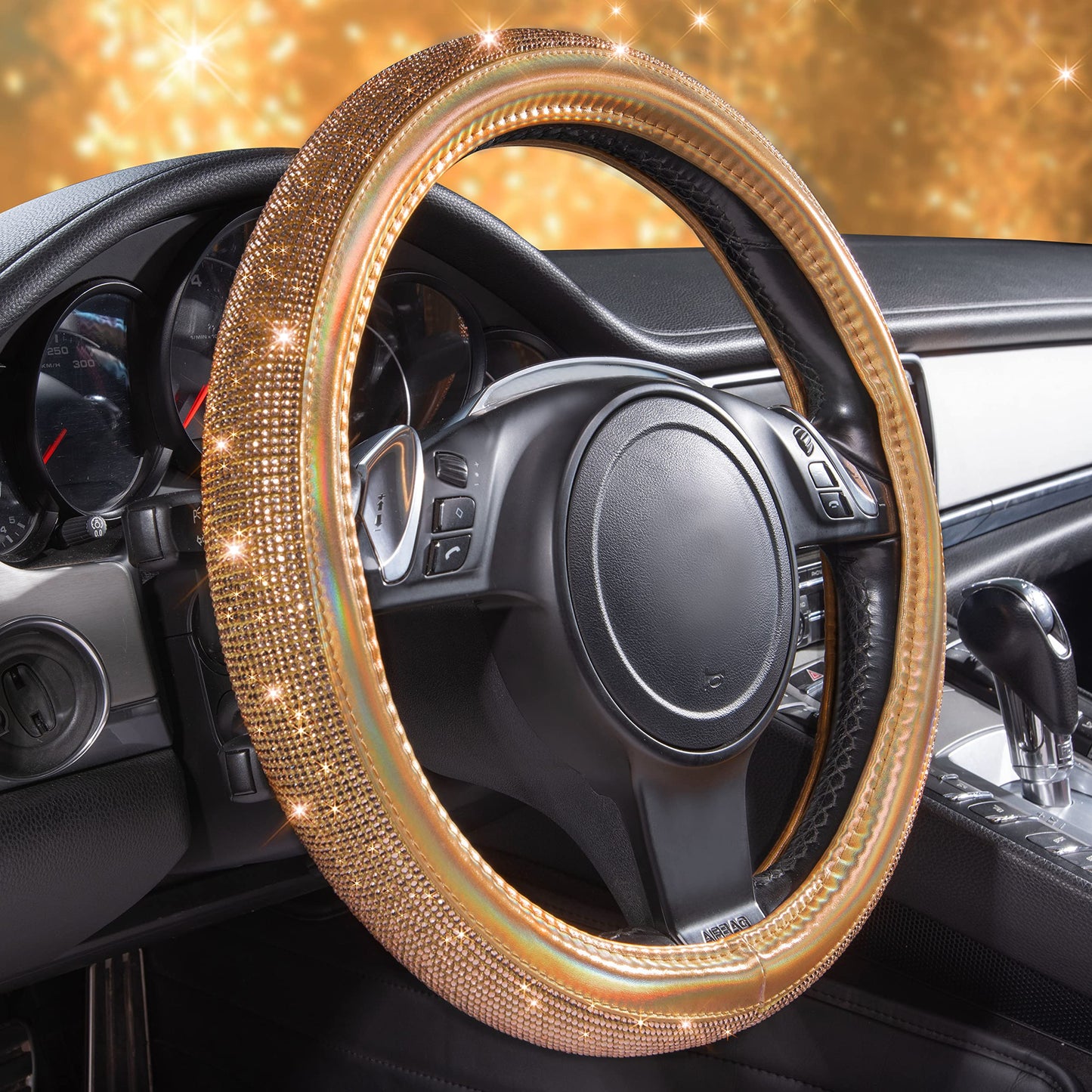 CAR PASS Bling Diamond Leather Steering Wheel Cover, With Sparkly Crystal Glitter Rhinestones Universal Fit 14"1/2-15" Car Wheel Protector for Women Girl Fit Suvs,Vans,Sedans,Car,Trucks, Black Diamond