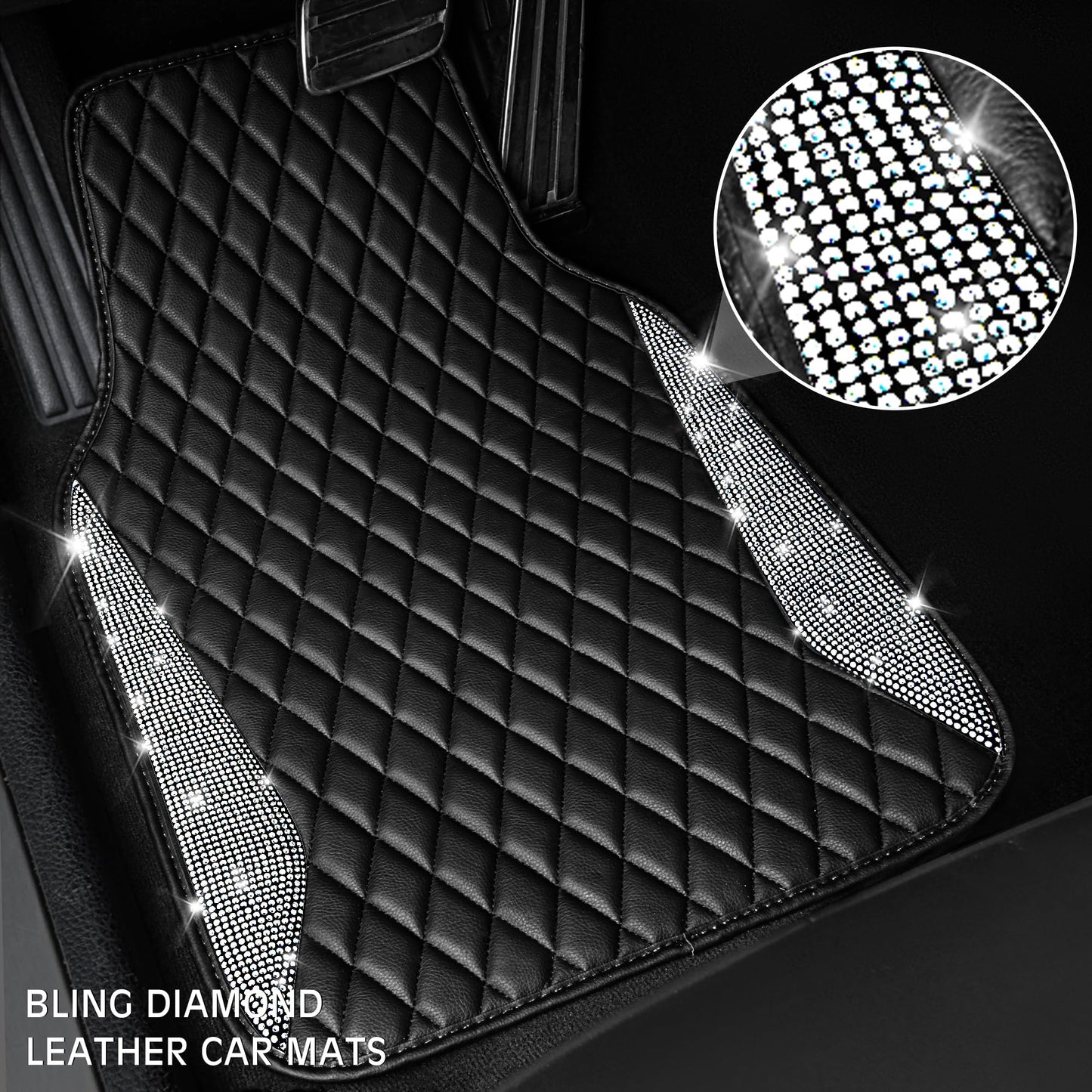 CAR PASS Bling Leather Car Mats Shining Diamond Floor Mats Sparkly Glitter Crystal Rhinestones Carpet Anti-Slip Waterproof Pad Universal Fit for Automotive SUV, Sedan, Van, 5pcs for Girl Women Black
