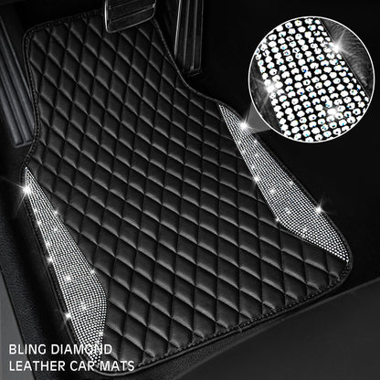 CAR PASS Bling Leather Car Mats Shining Diamond Floor Mats Sparkly Glitter Crystal Rhinestones Carpet Anti-Slip Waterproof Pad Universal Fit for Automotive SUV, Sedan, Van, 5pcs for Girl Women Black