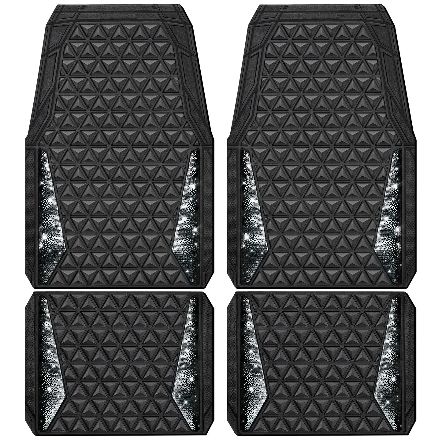 CAR PASS Bling Car Mats Diamond Rubber Floor Mats Full Set Anti-Slip 3D Rhombus Waterproof Trim to Fit Liner Universal Glitter Crystal Sparkly Shining Rhinestone Girl Women SUV Sedan Van, Black Silver