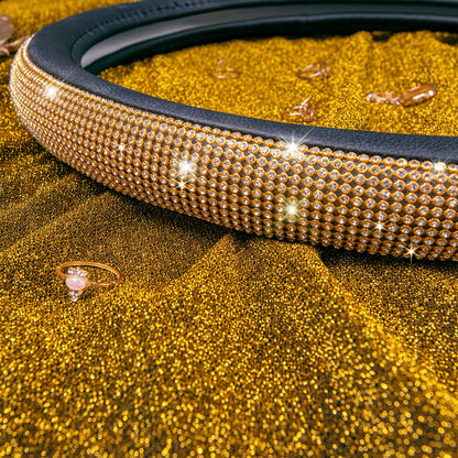 CAR PASS Bling Diamond Leather Steering Wheel Cover, With Sparkly Crystal Glitter Rhinestones Universal Fit 14"1/2-15" Car Wheel Protector for Women Girl Fit Suvs,Vans,Sedans,Car,Trucks, Black Diamond
