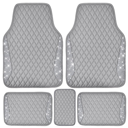 CAR PASS Bling Leather Car Mats Shining Diamond Floor Mats Sparkly Glitter Crystal Rhinestones Carpet Anti-Slip Waterproof Pad Universal Fit for Automotive SUV, Sedan, Van, 5pcs for Girl Women Black