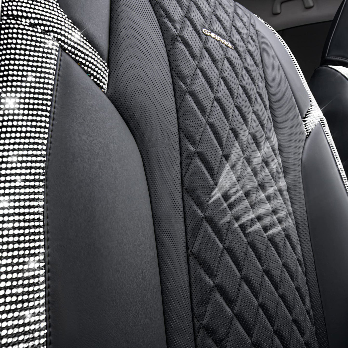 CAR Pass Bling Car Seat Covers, Microfiber Nappa Leather Luxury Cushioned, Waterproof Heavy-Duty Anti-Slip Universal Fit for Auto SUV Sedan,Sparkly Glitter Shining Rhinestone Full Set, Black Diamond