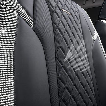 CAR Pass Bling Car Seat Covers, Microfiber Nappa Leather Luxury Cushioned, Waterproof Heavy-Duty Anti-Slip Universal Fit for Auto SUV Sedan,Sparkly Glitter Shining Rhinestone Full Set, Black Diamond