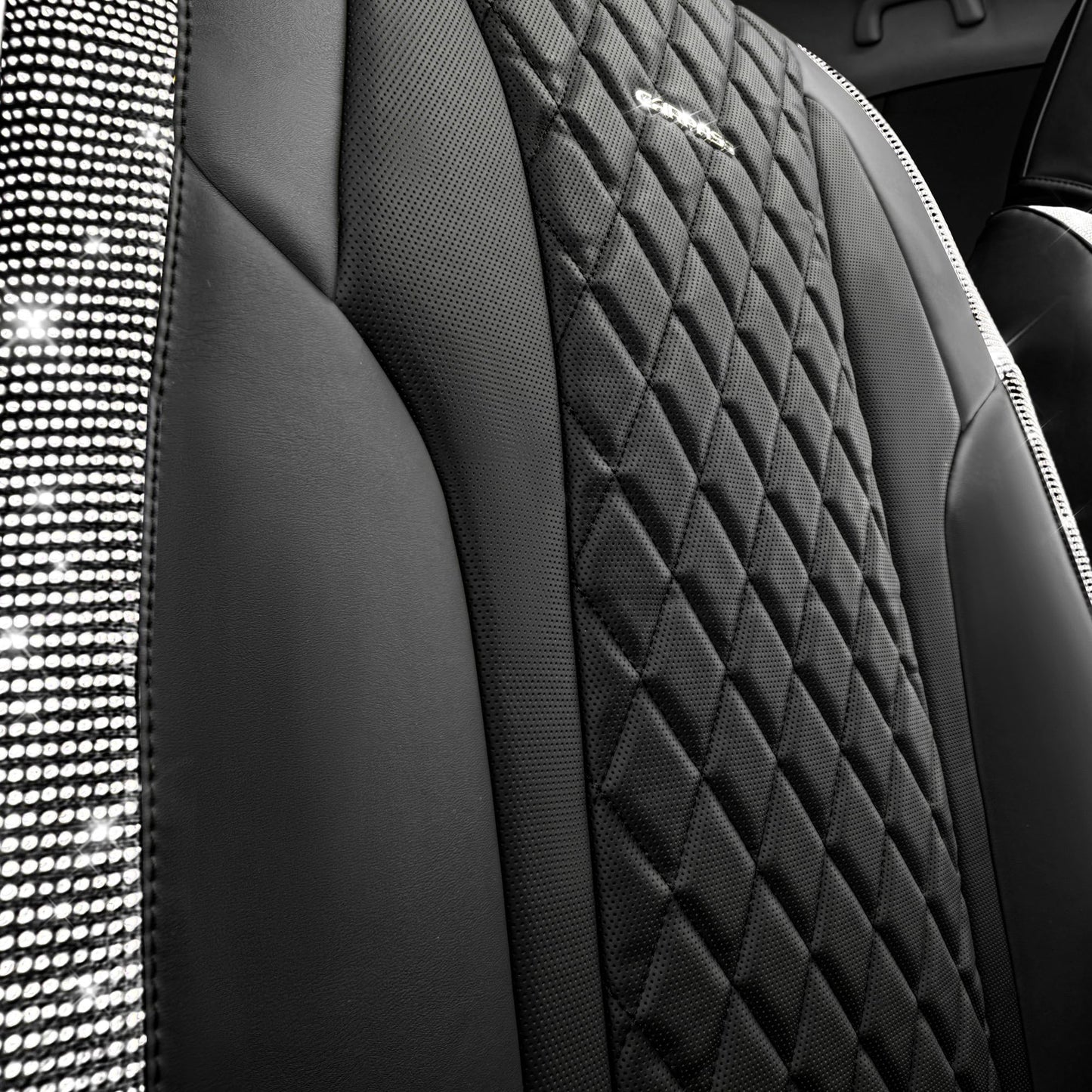 CAR Pass Bling Car Seat Covers, Microfiber Nappa Leather Luxury Cushioned, Waterproof Heavy-Duty Anti-Slip Universal Fit for Auto SUV Sedan,Sparkly Glitter Shining Rhinestone Full Set, Black Diamond