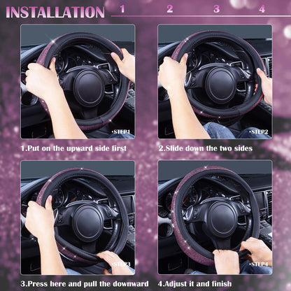 CAR PASS Bling Diamond Leather Steering Wheel Cover, With Sparkly Crystal Glitter Rhinestones Universal Fit 14"1/2-15" Car Wheel Protector for Women Girl Fit Suvs,Vans,Sedans,Car,Trucks, Black Diamond