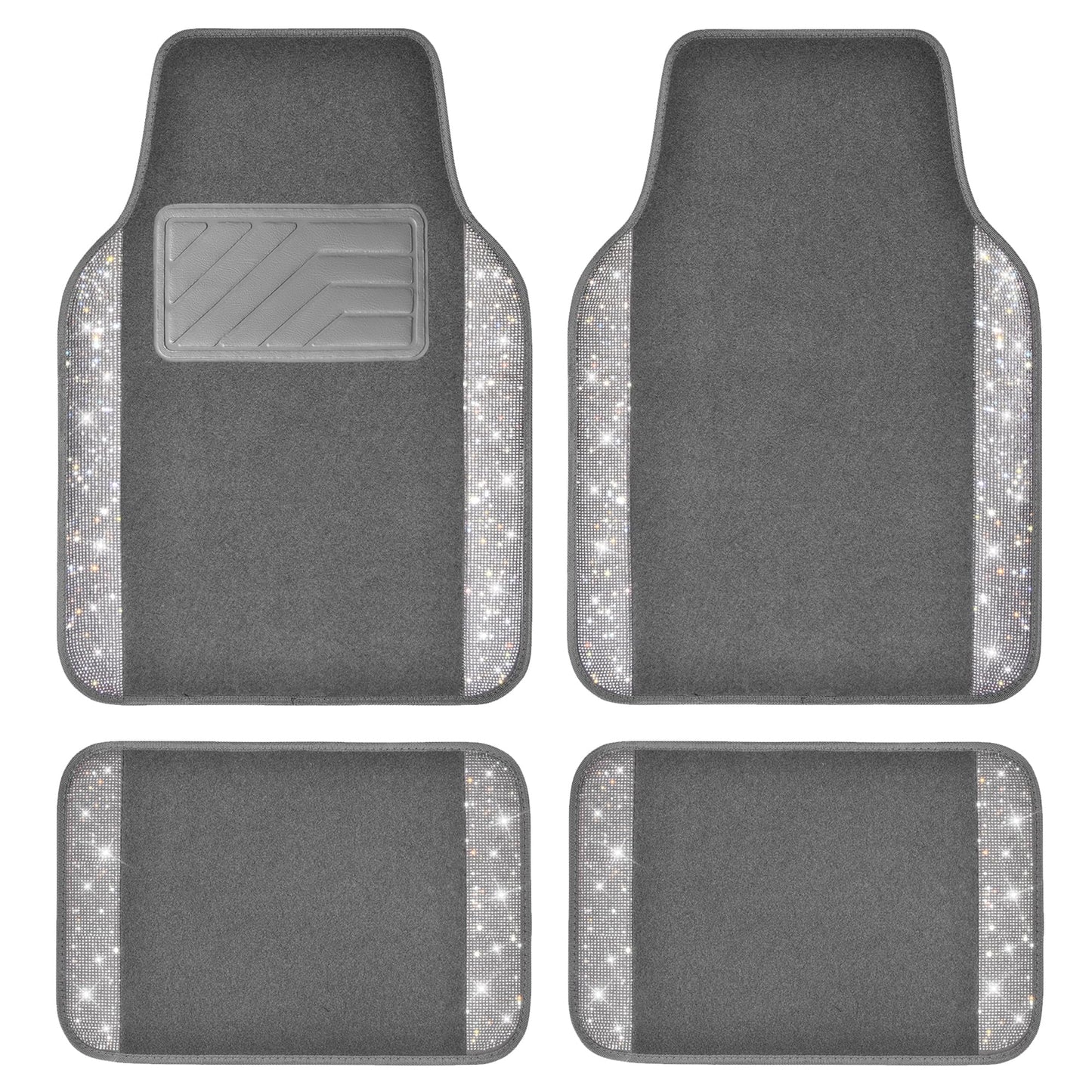 CAR PASS Bling Diamond Car Floor Mats, Shining Rhinestone Carpet Sparkly Glitter Crystal with Anti-Slip PVC Heel Pad Waterproof Universal Fit Automotive SUV,Sedan,Van,Cute Girl Women,4pcs Black Sliver