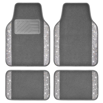 CAR PASS Bling Diamond Car Floor Mats, Shining Rhinestone Carpet Sparkly Glitter Crystal with Anti-Slip PVC Heel Pad Waterproof Universal Fit Automotive SUV,Sedan,Van,Cute Girl Women,4pcs Black Sliver