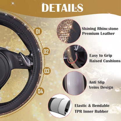 CAR PASS Bling Diamond Leather Steering Wheel Cover, With Sparkly Crystal Glitter Rhinestones Universal Fit 14"1/2-15" Car Wheel Protector for Women Girl Fit Suvs,Vans,Sedans,Car,Trucks, Black Diamond